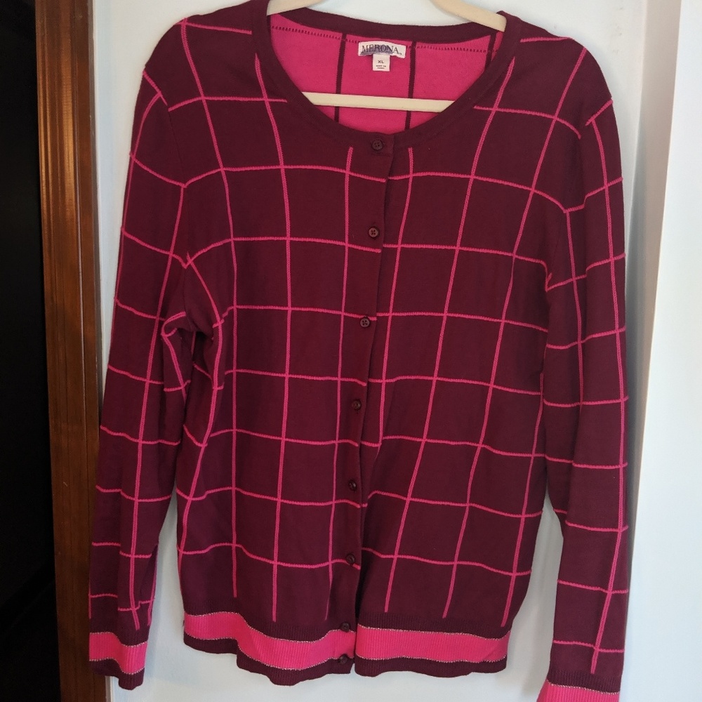 Pink and Burgundy Plaid Cardigan
